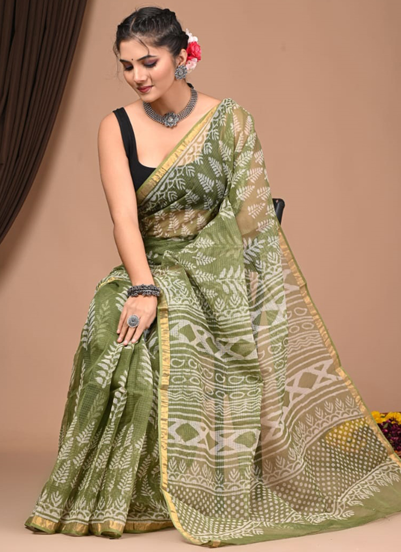 Parrot Green Tree Print Refined KotaDoria Dye Block Printed Cotton Saree With Blouse